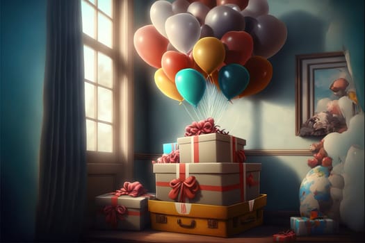 Lots of gift boxes at home, Valentines day, balloons heart love holiday mood.