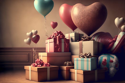 Lots of gift boxes at home, Valentines day, balloons heart love holiday mood.