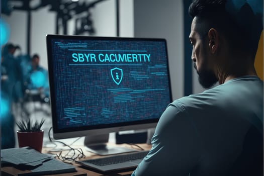 Cyber security concept. Man using computer with system hacked alert due to cyber attack on computer network.