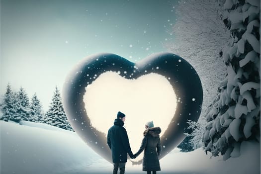Couple in love dressed for winter outdoors enjoying a romantic moment with a white floating heart above.
