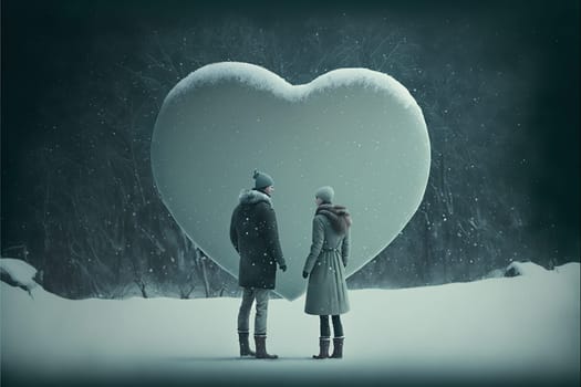 Couple in love dressed for winter outdoors enjoying a romantic moment with a white floating heart above.