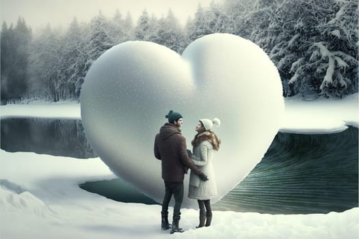 Couple in love dressed for winter outdoors enjoying a romantic moment with a white floating heart above.