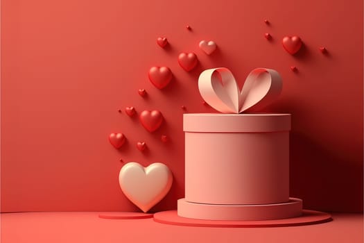 Minimal podium product background for Valentine, Red heart and gift box with ribbon bow on red background.