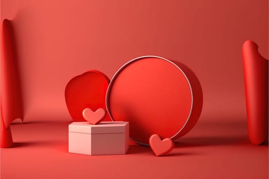 Minimal podium product background for Valentine, Red heart and gift box with ribbon bow on red background.