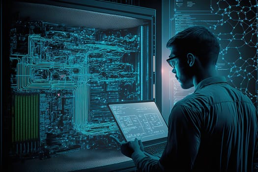 Computer engineer working on laptop computer with server room, data center, big data storage as backgrounds.