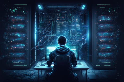 Computer engineer working on laptop computer with server room, data center, big data storage as backgrounds.