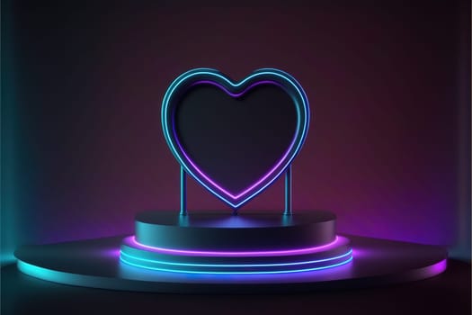 Neon, cyber lights heart shaped pedestal frame and product podium. Futuristic dark background.