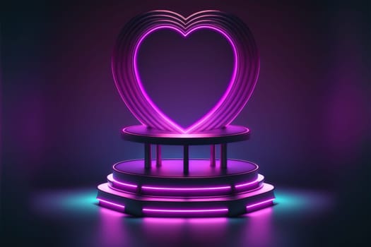 Neon, cyber lights heart shaped pedestal frame and product podium. Futuristic dark background.