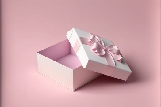 Blank open gift box or present box with pink ribbon bow isolated on pink pastel color background.