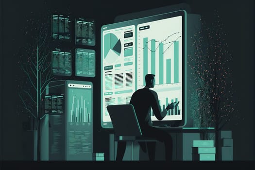 Data Management System. Analyst working with business Analytics documents on computer.