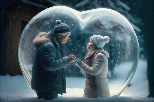 Couple in love dressed for winter outdoors enjoying a romantic moment with a white floating heart above.