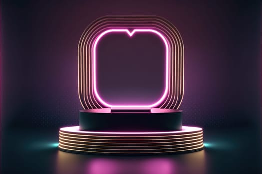 Neon, cyber lights heart shaped pedestal frame and product podium. Futuristic dark background.