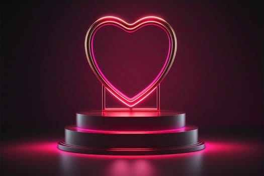 Neon, cyber lights heart shaped pedestal frame and product podium. Futuristic dark background.