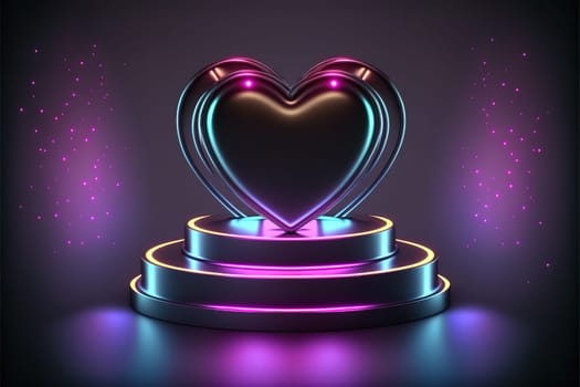 Neon, cyber lights heart shaped pedestal frame and product podium. Futuristic dark background.