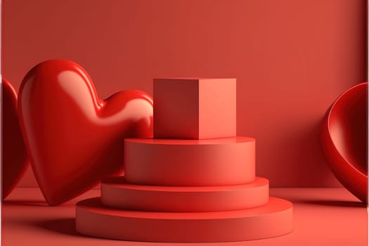 Minimal abstract product background for Valentine and Christmas, Podium with red gift box on red background.