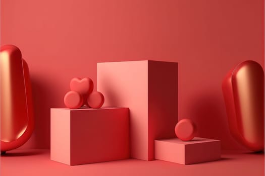 Minimal abstract product background for Valentine and Christmas, Podium with red gift box on red background.
