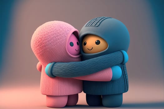 Two cute felt and rubber 3d render characters giving hugs to each others.