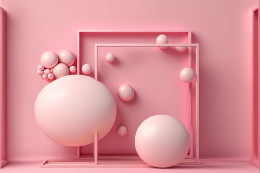 Square podiums, spheres and a neon frame on a wall on a pink background, 3d render.