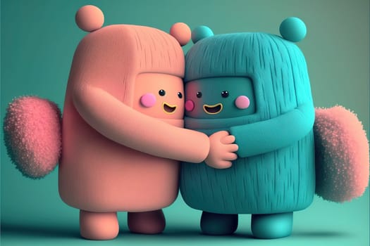 Two cute felt and rubber 3d render characters giving hugs to each others.