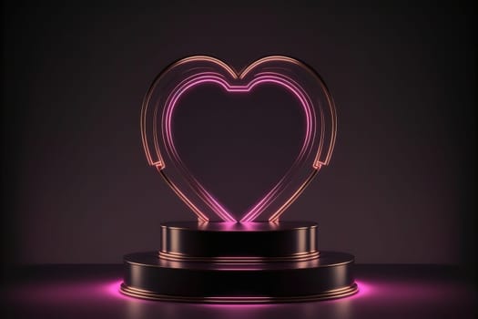Neon, cyber lights heart shaped pedestal frame and product podium. Futuristic dark background.