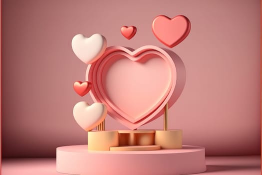 Valentine's day stage podium mock up with heart product display showcase 3d render.