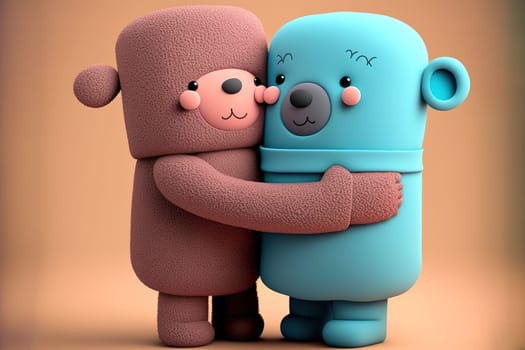 Two cute felt and rubber 3d render characters giving hugs to each others.