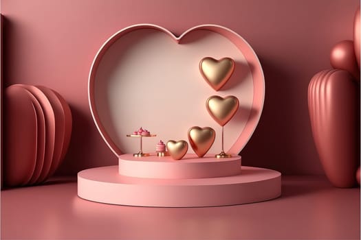 Valentine's day stage podium mock up with heart product display showcase 3d render.
