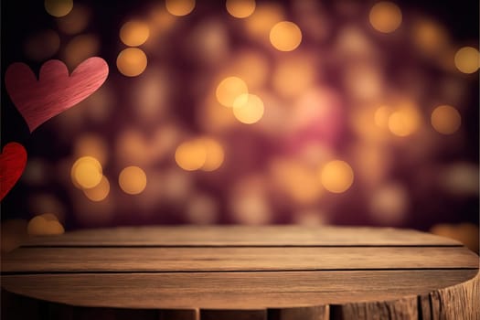 valentine's day background with empty wooden table for product display, fantasy blurred background, copy space.