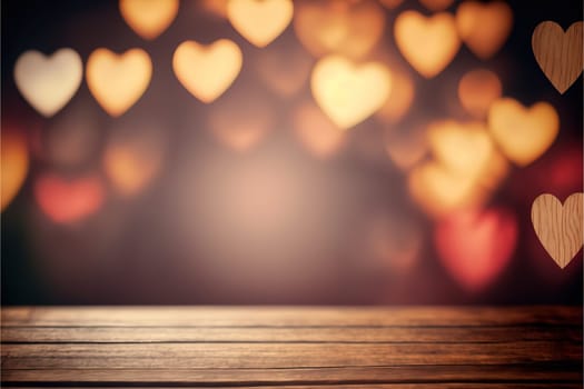 valentine's day background with empty wooden table for product display, fantasy blurred background, copy space.