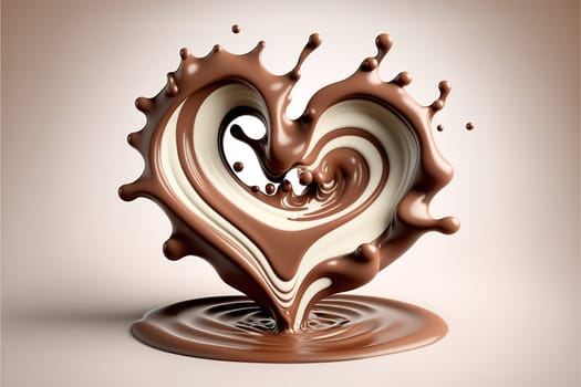 milk and chocolate splash in shape of heart, 3d illustration.
