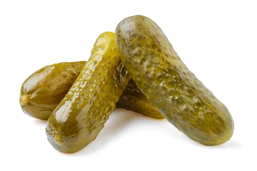 Three pickled cucumbers isolated on white background
