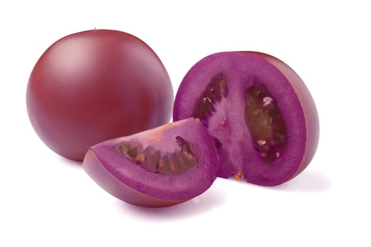 Antioxidant purple tomatoes, whole and sections isolated on white background