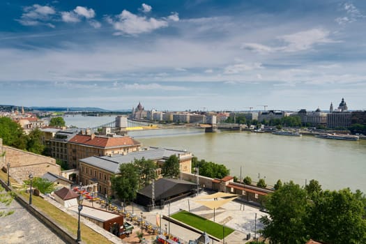 View from Buda district to Pest in Budapest. The Chain Bridge connects both parts of Budapest