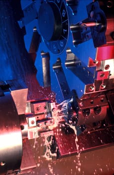 Lathe in a machine shop.