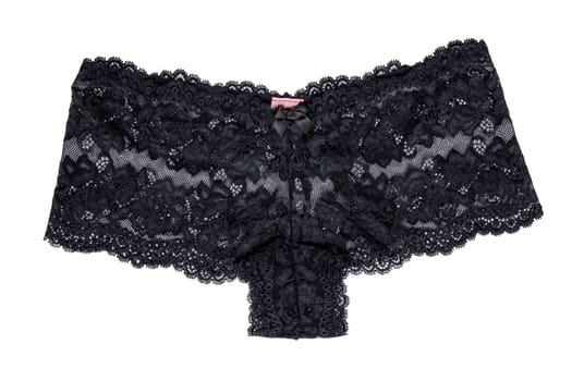 Underwear woman isolated. Close-up of luxurious elegant black lacy thongs panties isolated on a white background. Clipping path. Underwear fashion.