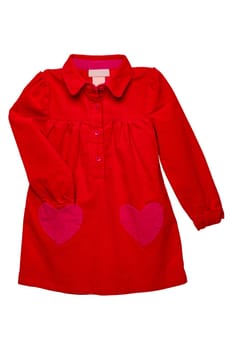 Summer dress isolated. A beautiful red girl's dress with attached heart shaped pockets and long sleeves isolated on white. Clipping path. Kids spring and autumn fashion.