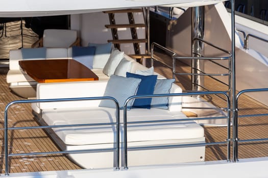 Luxury yacht. Comfortable expensive wooden design and furniture for holiday recreation tourism or travel and wealth concept
