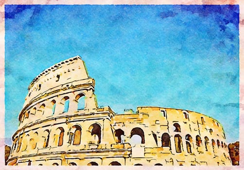 Rome, Italy - Colosseum on blue sky - Creative illustration, vintage watercolor design