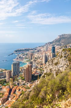 Monte Carlo - August 2022: panoramic view of the city. Monaco port and skyline.