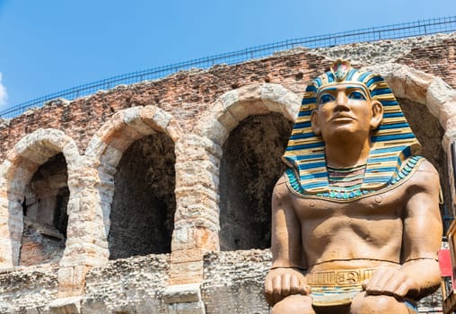 Verona, Italy - June 2022: preparing the stage for the thetre performance in the famous Arena di Verona - Aida spectacle