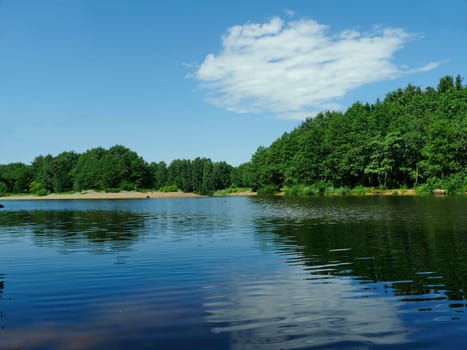 river beautiful scenic landscape, forest blue sky, summer vacation