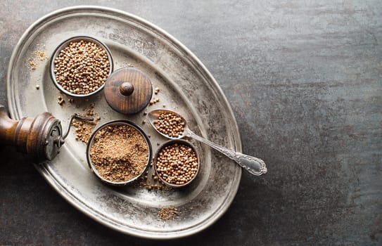Organic Dried coriander seeds (Coriandrum sativum) and powder on rustic background. Healthy eating, Indian spice, flavoring, vitamin.