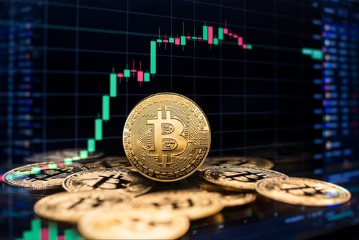Bitcoin and cryptocurrency investing concept with graph. Bitcoin cryptocurrency coins symbol. Trading on the cryptocurrency exchange. Trends in bitcoin exchange rates. Rise and fall chart of bitcoin.