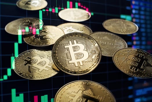 Bitcoin and cryptocurrency investing concept with graph. Bitcoin cryptocurrency coins symbol. Trading on the cryptocurrency exchange. Trends in bitcoin exchange rates. Rise and fall chart of bitcoin.