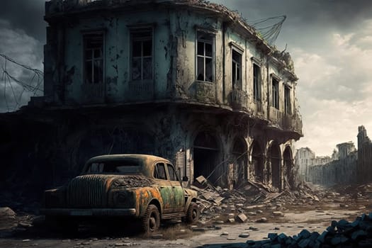 Destroyed city, Post-apocalyptic, War zone created with Generative AI technology.