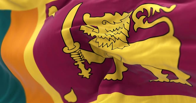 Detail of the Sri Lanka national flag waving. Green and orange stripes, amaranth panel with yellow lion, sword, & Ficus religiosa leaves.. Fabric textured background. Selective focus. 3D illustration
