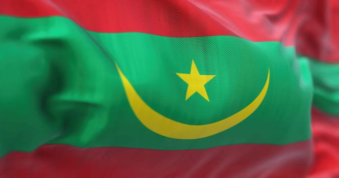 Detail of the Mauritania national flag waving in the wind. Green with yellow crescent, star between two red bands. 3d illustration render. Selective focus. Close-up. Textured background
