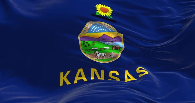 Close-up of Kansas state flag waving in the wind. Kansas is a state in the Midwestern United States. Rippled Fabric. Textured background. 3d illustration render