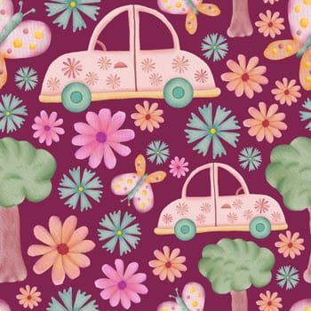 Cars, butterflies, trees and flowers retro watercolor illustration seamless repeat pattern on pink background
