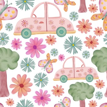 Cars, butterflies, trees and flowers retro watercolor illustration seamless repeat pattern on white background